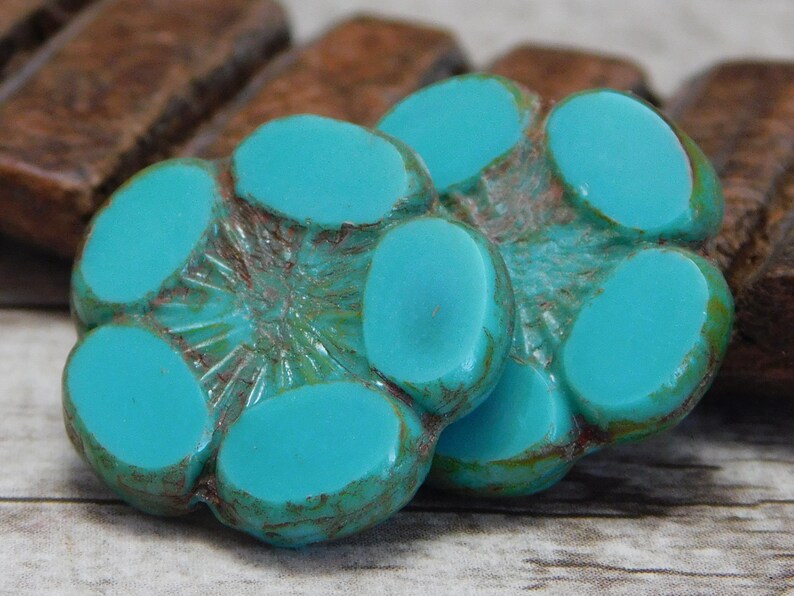 18mm Turquoise Picasso Picasso Beads 2pcs - 2393 Czech Glass Flowers Czech Glass Beads