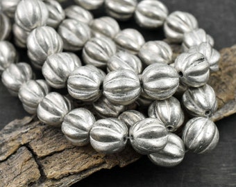 Melon Beads - Czech Glass Beads - Round Beads - Bohemian Beads - Silver Beads - Metallic Beads - Choose from 10mm or 12mm