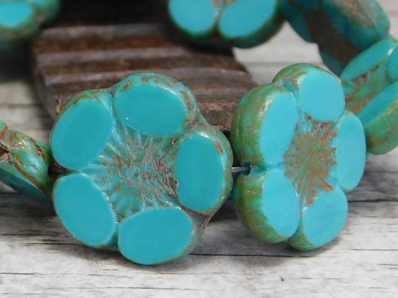 18mm Turquoise Picasso Picasso Beads 2pcs - 2393 Czech Glass Flowers Czech Glass Beads