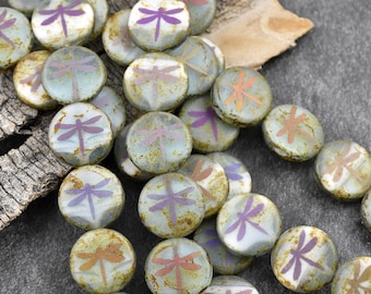 Picasso Beads - Czech Glass Beads - Laser Etched Beads - Dragonfly Beads - Tattoo Beads - 14mm - 8pcs - (1362)