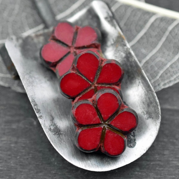 Czech Glass Beads - Picasso Beads - Flower Beads - Red Flower Bead - 17mm - 2 or 10pcs