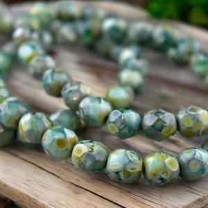 Picasso Beads - 6mm Beads - Czech Glass Beads - Fire Polished Beads - Round Beads - Green Beads - Rustic Beads - 25pcs - (1686)