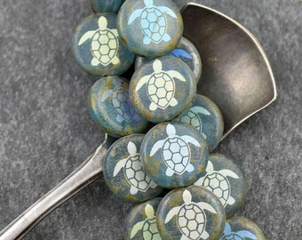Czech Glass Beads - Turtle Beads - Laser Etched Beads - Coin Beads - 13mm - 8pcs - (3647)