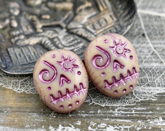 Czech Glass Beads - Sugar Skull Beads - Picasso Beads - Voodoo Beads - 15x13mm - 4pcs - (B649)