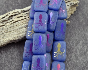 Czech Glass Beads - Octopus Beads - Laser Etched Beads - Sea Life Beads -  Laser Tattoo Beads - 18x12mm - 6pcs (A90)