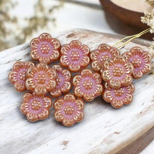 Czech Glass Beads - 14mm Flower Beads - Picasso Beads - Wild Flower Beads - Pink Flower Beads - 14mm - 12pcs - (B852)