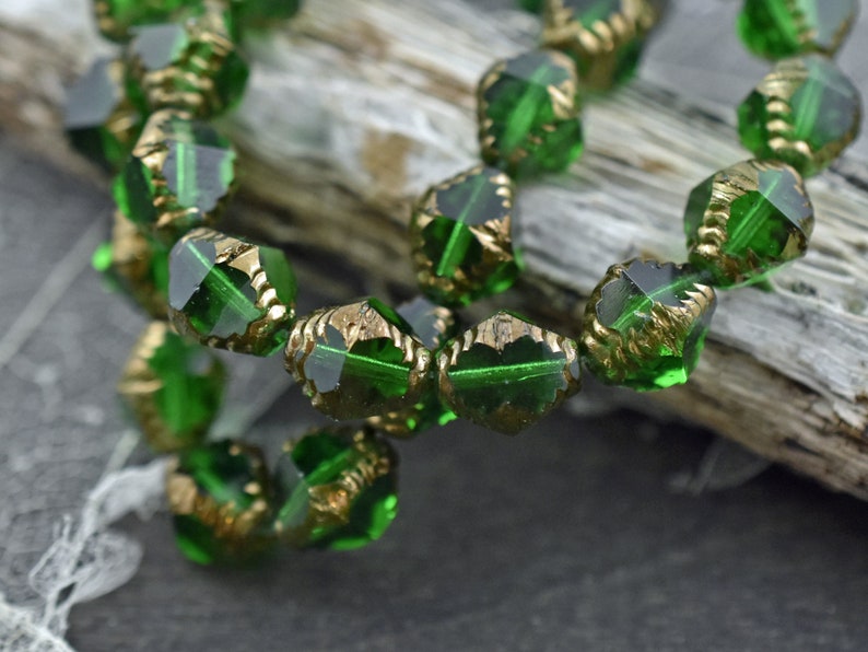 Czech Glass Beads Emerald Green Beads Christmas Beads Bicone Beads Faceted Beads 10x8mm 15pcs 4445 image 2