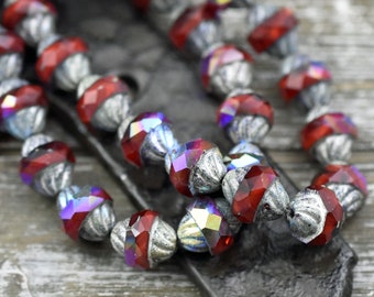 Czech Glass Beads - Cathedral Beads - Turbine Beads - Red Beads - Fire Polish Beads - 11x10mm - 6pcs (5595)