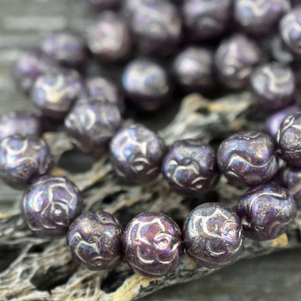 Czech Glass Beads - Flower Beads - Round Beads - Rose Beads - Purple Beads - New Czech Beads - 10mm - 15pcs - (B32)