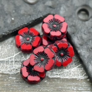 Czech Glass Beads Hawaiian Flower Beads 12mm Red Flower Beads Picasso Beads Red Hawaiian Flower 12pcs A39 image 2