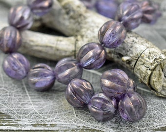 Melon Beads - Czech Glass Beads - Round Beads - Bohemian Beads - Amethyst Luster - Choose from 10mm or 12mm