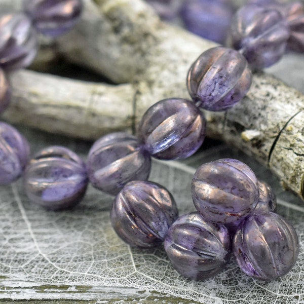 Melon Beads - Czech Glass Beads - Round Beads - Bohemian Beads - Amethyst Luster - Choose from 10mm or 12mm