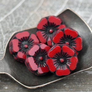 Czech Glass Beads Hawaiian Flower Beads 12mm Red Flower Beads Picasso Beads Red Hawaiian Flower 12pcs A39 image 3