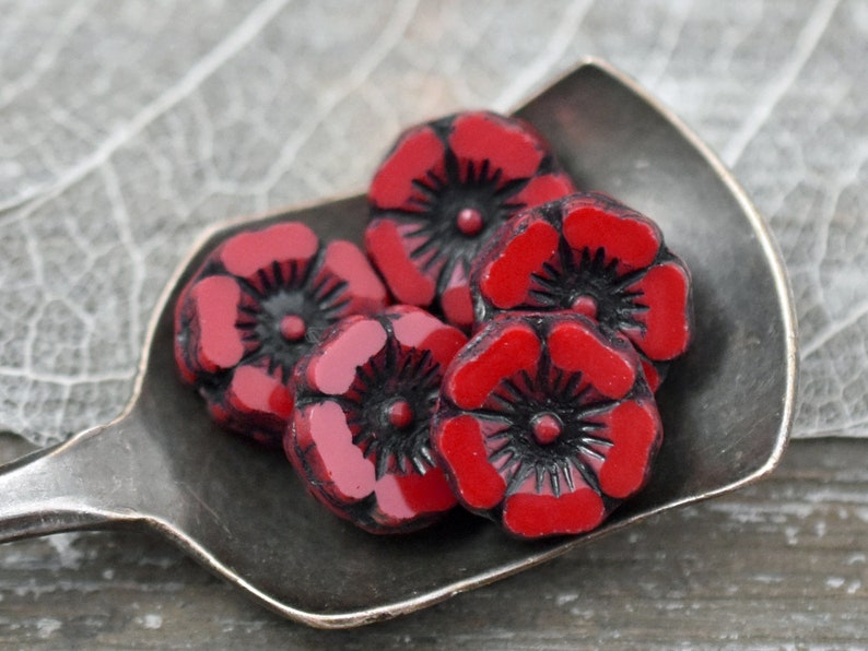 Czech Glass Beads Hawaiian Flower Beads 12mm Red Flower Beads Picasso Beads Red Hawaiian Flower 12pcs A39 image 3