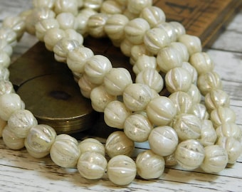 6mm - Melon Beads - Czech Glass Beads - Round Beads - Fluted Beads - Opaque Ivory - 25pcs (4352)