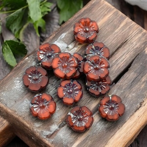 Czech Glass Beads - Hawaiian Flowers - Picasso Beads - Orange Flower Beads - Hibiscus Flower - 10mm - 12pcs - (1913)