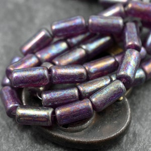 Czech Glass Beads - Purple Beads - Tube Beads - Large Hole Beads - Picasso Beads - 14x7mm - 10pcs (5163)