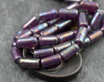 Czech Glass Beads - Purple Beads - Tube Beads - Large Hole Beads - Picasso Beads - 14x7mm - 10pcs (5163)