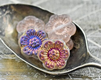 Flower Beads - Czech Glass Beads - Czech Glass Flowers - Picasso Beads - Wildflower Beads - 14mm Flower - 6 or 12pcs