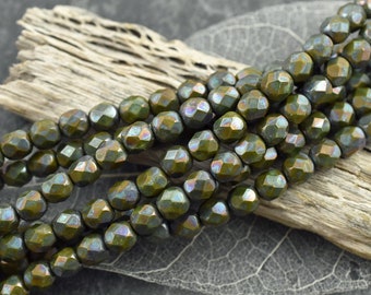 Czech Glass Beads - Fire Polished Beads - Round Beads - Picasso Beads - Green Beads - 25pcs - 6mm (4647)