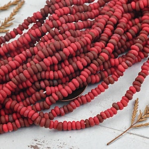 May include: Strands of red and maroon beads. The beads are small, round, and have a matte finish. The beads are strung together, creating a textured and colorful display. The image also includes dried plant elements.