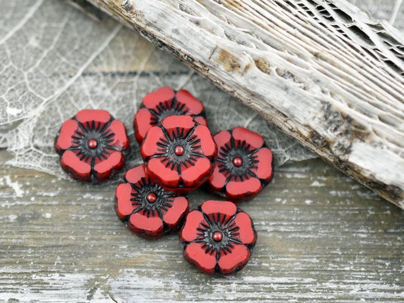 Czech Glass Beads Hawaiian Flower Beads 12mm Red Flower Beads Picasso Beads Red Hawaiian Flower 12pcs A39 image 1