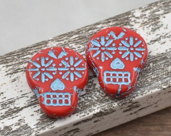 Czech Glass Beads - Sugar Skull Beads - Czech Sugar Skull - Day Of The Dead - Glass Beads - Red Skull Beads - Picasso Beads - 4pcs - (3594)