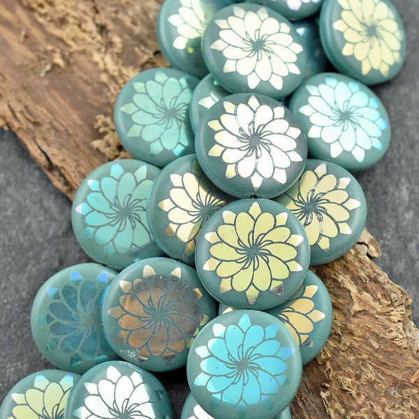 Czech Glass Beads - Flower Beads - Focal Beads - Laser Etched Beads - Coin Beads - 17mm - 8pcs - (3612)