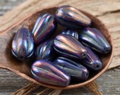 Czech Glass Beads - Melon Drop Beads - Tear Drop Beads - Metallic Beads - Iris Beads - 15x8mm - 6pcs - (A555)