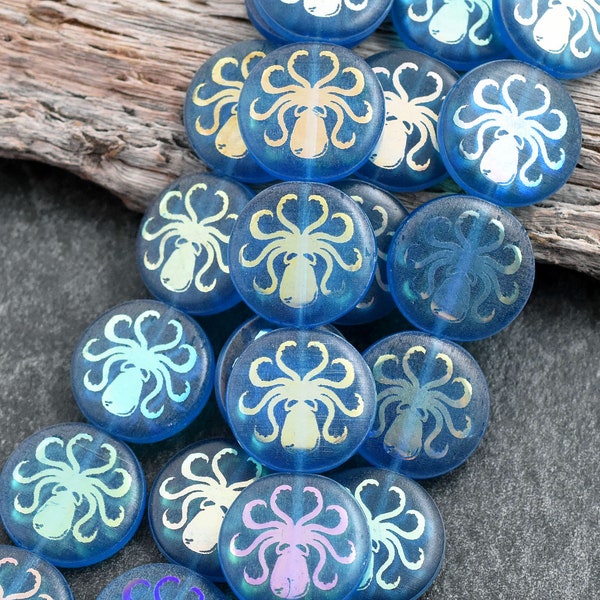 Czech Glass Beads - Laser Etched Beads - Octopus Beads - Tattoo Beads - 16mm - 8pcs - (6145)