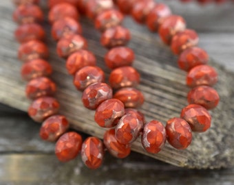 Czech Glass Beads - Rondelle Beads - Picasso Beads - Orange Beads - Fire Polished Beads - 6x8mm -  25pcs (4052)