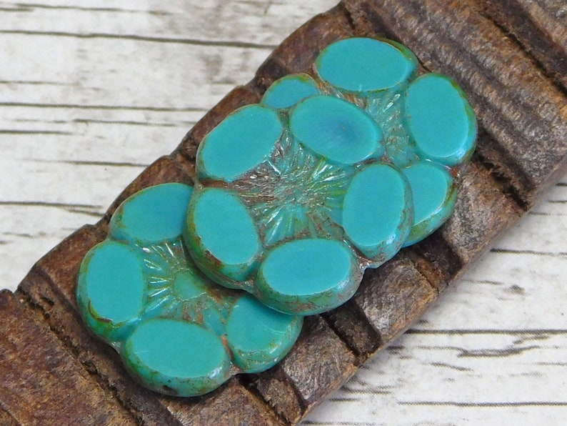 18mm Turquoise Picasso Picasso Beads 2pcs - 2393 Czech Glass Flowers Czech Glass Beads