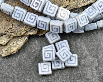 Czech Glass Beads - Greek Key Beads - Picasso Beads - Tile Beads - Square Beads - 9mm - 12pcs - (694)