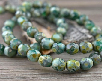 Picasso Beads - 6mm Beads - Czech Glass Beads - Fire Polished Beads - Round Beads - Green Beads - Rustic Beads - 25pcs (1686)