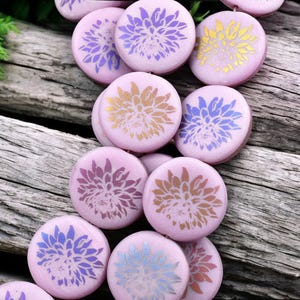 Czech Glass Beads - Dahlia Flower Beads - Floral Beads - Focal Beads - Laser Etched Beads - Coin Beads - 17mm - 8pcs - (6084)