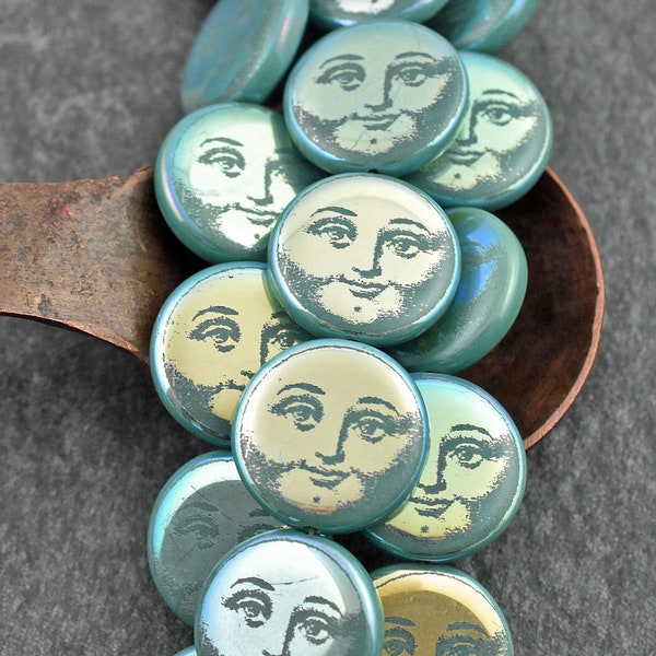 Czech Glass Beads - Moon Face Beads - Celestial Beads - Laser Etched Beads - Coin Beads - 14 or 17mm - 8pcs