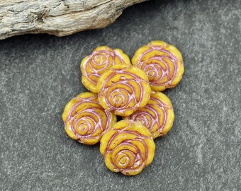 Czech Glass Beads - Rose Beads - Flower Beads - Floral Beads - Picasso Beads - 6pcs - 14mm - (3768)