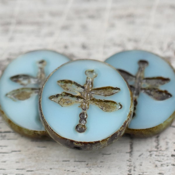 Dragonfly Beads - Picasso Beads - Czech Glass Beads - Dragonfly Coin Beads - Dragonfly Pendant - Czech Glass Dragonfly - 18mm - 4pcs -(3074)