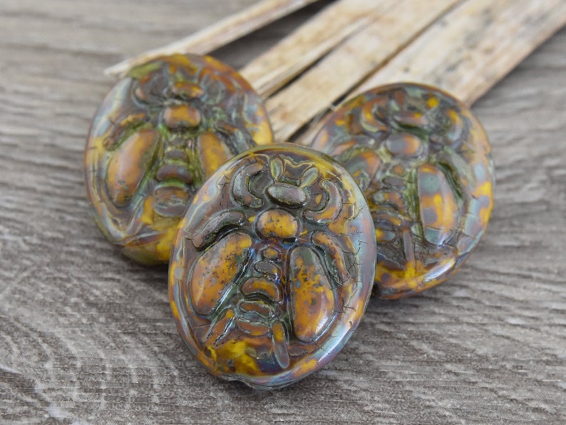 2pcs - Czech Glass Beads A349 Picasso Beads 22x18mm Travertine Beads Honey Bee Beads