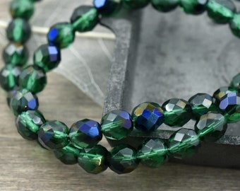 Czech Glass Beads - Fire Polished Beads - Round Beads - Faceted Beads - Emerald Azuro - 6mm 8mm or 10mm