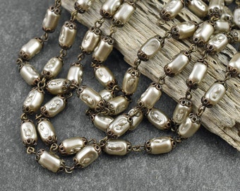 Pearl Beads - Beaded Chain - Wedding Jewelry - Czech Pearl Chain - Czech Glass Pearls - Sold by the foot - (CH6-A)