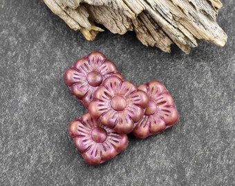 Flower Beads - Czech Glass Beads - Czech Glass Flowers - Picasso Beads - Square Flowers - 11mm Flower - 10pcs - (3177)