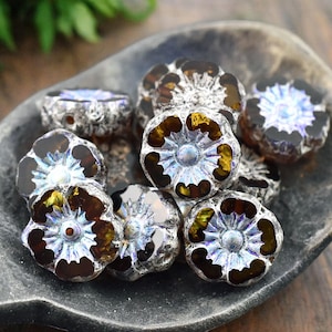 Czech Glass Beads - Czech Flower Beads - Hawaiian Flower Beads - Picasso Beads - 16pcs - 9mm - (970)