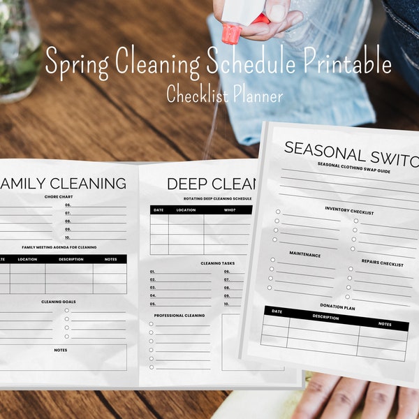 Spring Cleaning Schedule Checklist - Clothing, Repairs, Donation, Family, Goals, Room, Rotating, Deep Clean - Black White - Instant Download