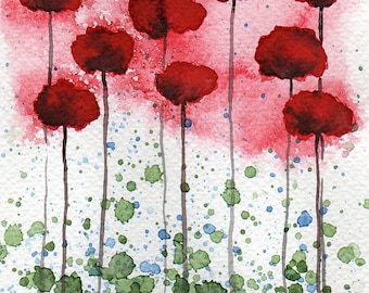 ACEO Red Watercolor Flowers, Mini Art Print, Artists Trading Card, Cottagecore Garden, Home Office Wall Decor, Green, Modern Farmhouse 5x7
