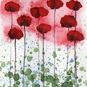 ACEO Red Watercolor Flowers, Mini Art Print, Artists Trading Card, Cottagecore Garden, Home Office Wall Decor, Green, Modern Farmhouse 5x7