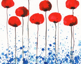 Red Poppies PRINT, Bright Sunny Day Watercolor, Blue Aqua Details, Modern Floral Landscape, Farmhouse & Cottage Chic Art, Poppy Painting