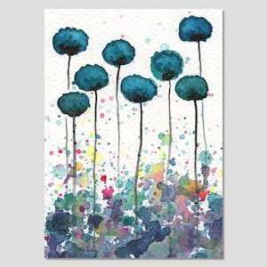 5x7 Watercolor Poppies, Teal Flowers, Aqua Abstract Painting, Blue Painting, Watercolor Flowers, Floral Art Print, Boho Wall Decor Bedroom image 2