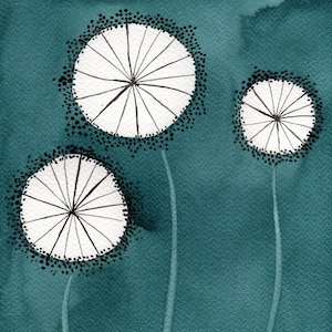 May include: Three white stylized flowers with black centers and black dots around the edges on a teal background.