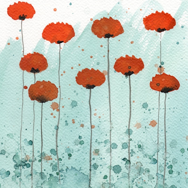 LARGE PRINT Orange and Aqua, Watercolor Flowers Painting, Poppy Art, Modern Farmhouse Cottagecore Cottage, Colorful Vibrant Teal, Wall Decor